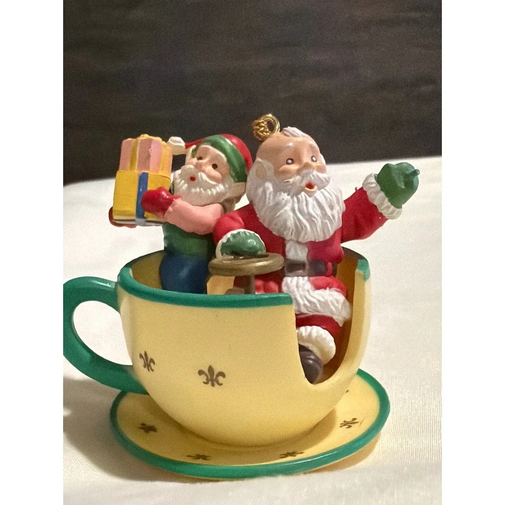 Santa and Elf in Teacup Christmas Ornament Yellow Fleur-de-Lis Holiday Decor